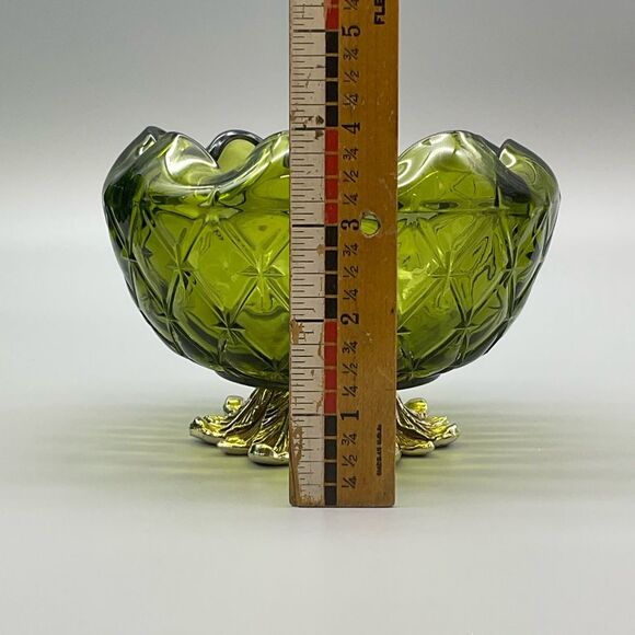 Indiana Glass Metal Footed Diamond Duette Avocado Green Quilted Candy Di… - Picture 7 of 7